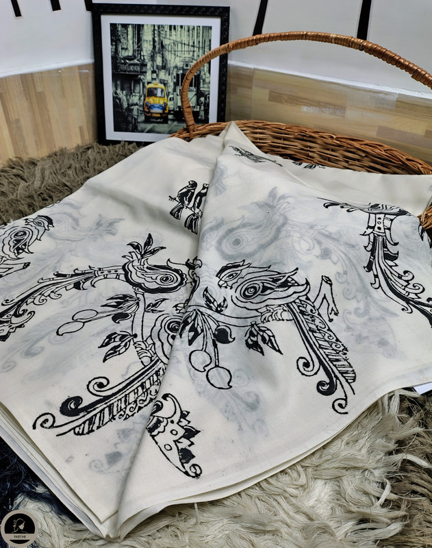 Flower Print, Ready to Wear, Pure Cotton White Saree  with Block Print for Women-0