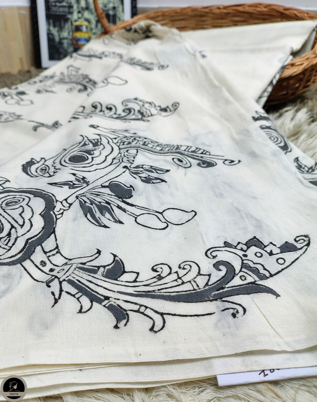 Flower Print, Ready to Wear, Pure Cotton White Saree  with Block Print for Women-1