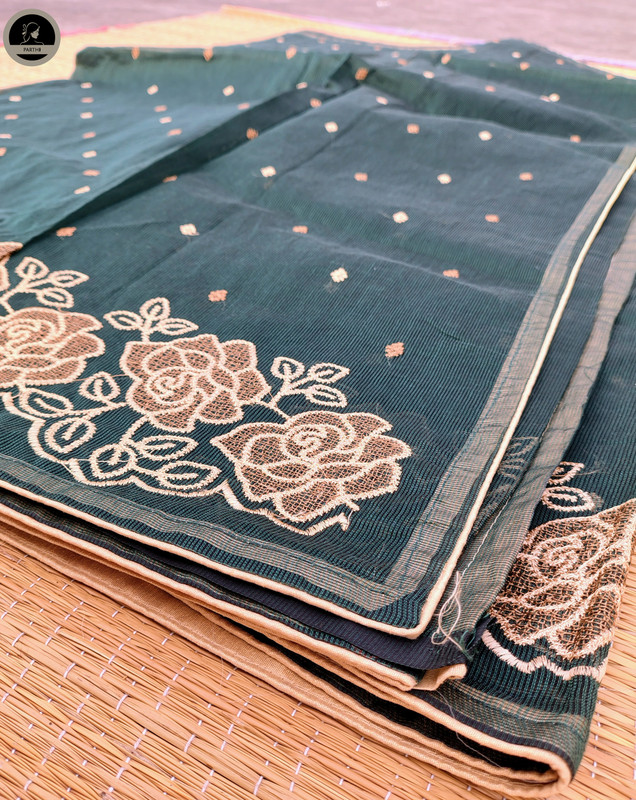 Green Kota Saree with Embroidery Work,  Unstitched Blouse Piece, Perfect For Summer, Daily Wear Saree-2