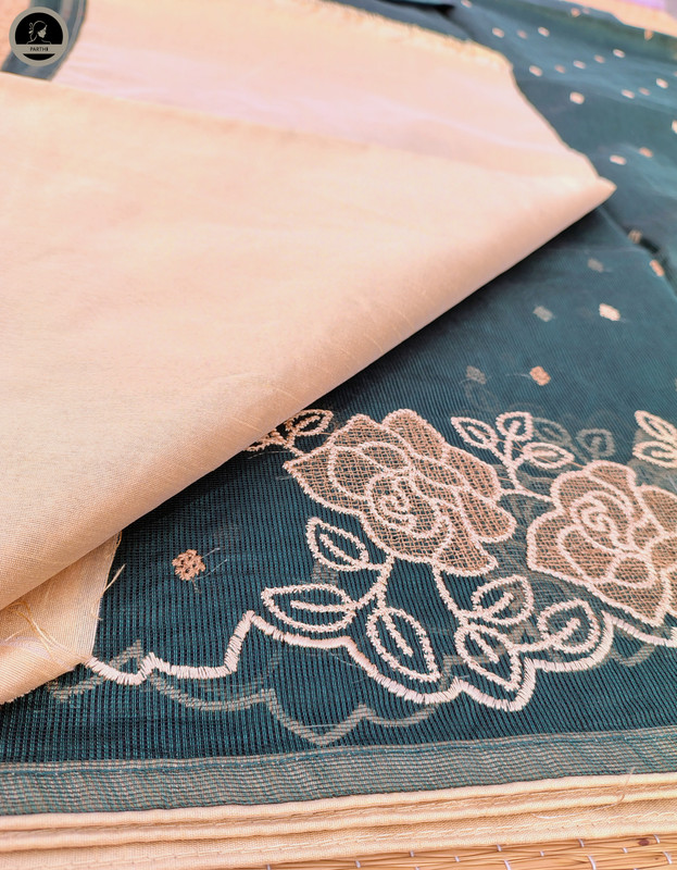 Green Kota Saree with Embroidery Work,  Unstitched Blouse Piece, Perfect For Summer, Daily Wear Saree-3