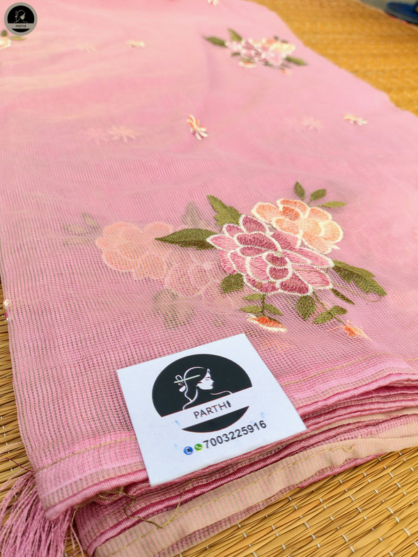 Pink Kota Saree with Embroidery Work,  Unstitched Blouse Piece, Perfect For Summer, Daily Wear Saree-2
