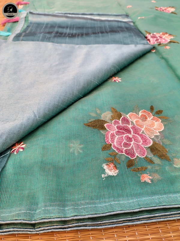 Sea Green Kota Saree with Embroidery Work,  Unstitched Blouse Piece, Perfect For Summer, Daily Wear Saree-1