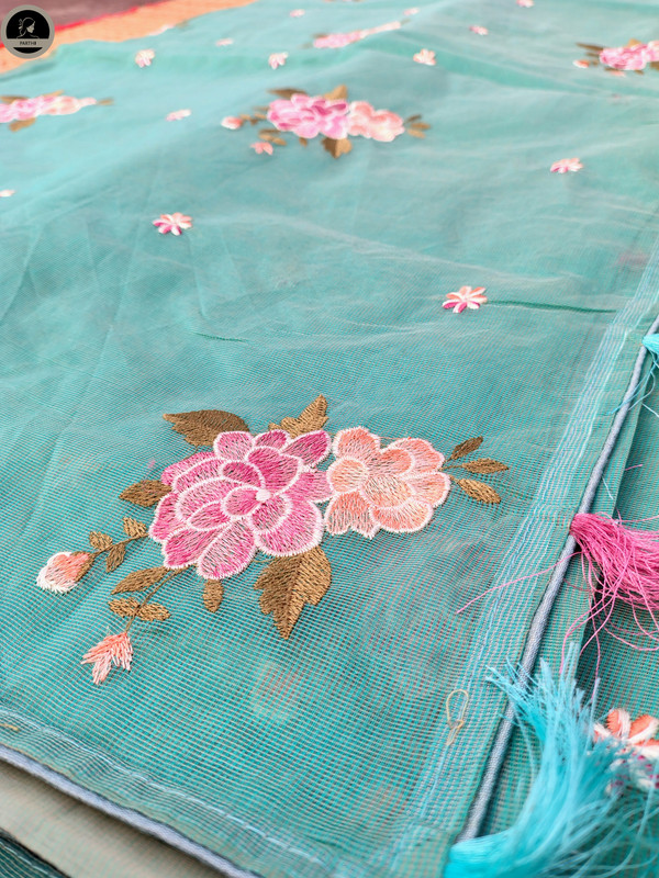 Sea Green Kota Saree with Embroidery Work,  Unstitched Blouse Piece, Perfect For Summer, Daily Wear Saree-3