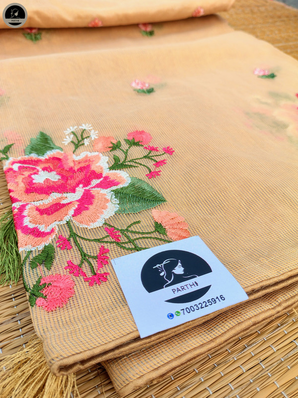 Biscuit Colour Kota Saree with Embroidery Work,  Unstitched Blouse Piece, Perfect For Summer, Daily Wear Saree-0