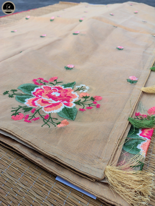 Biscuit Colour Kota Saree with Embroidery Work,  Unstitched Blouse Piece, Perfect For Summer, Daily Wear Saree-2