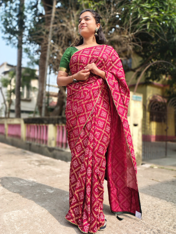 Maroon Badhni Work, Printed Saree with Thin Zari Border, Ready To Wear Saree with Unstitched Blouse  -0