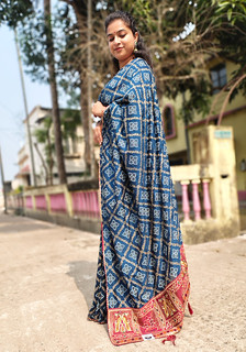 Blue Badhni Work, Printed Saree with Thin Zari Border, Ready To Wear Saree with Unstitched Blouse-0
