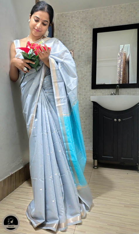 Ash Maheswari Saree With Thin Zari Border, Full Body Buta Work with Contrast Blue Unstitched Blouse Piece-0