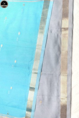 Ash Maheswari Saree With Thin Zari Border, Full Body Buta Work with Contrast Blue Unstitched Blouse Piece-2