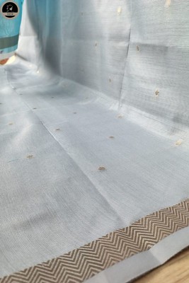 Ash Maheswari Saree With Thin Zari Border, Full Body Buta Work with Contrast Blue Unstitched Blouse Piece-3