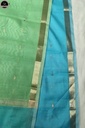 Blue Maheswari Saree With Thin Zari Border, Full Body Buta Work with Contrast Green Unstitched Blouse Piece-2