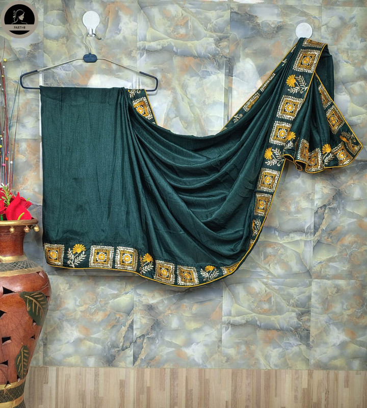 Ready To Wear Fancy Silk Saree, Green Colour Body with Designed Blouse Attached for Occassional Wear-0