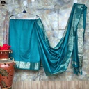 Green Muga Silk Saree, Solid Plain Body with Zari Border, Ready To Wear with Unstitched Blouse-0