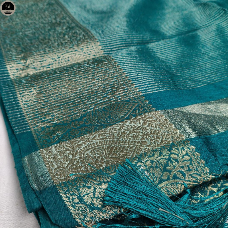 Green Muga Silk Saree, Solid Plain Body with Zari Border, Ready To Wear with Unstitched Blouse-1