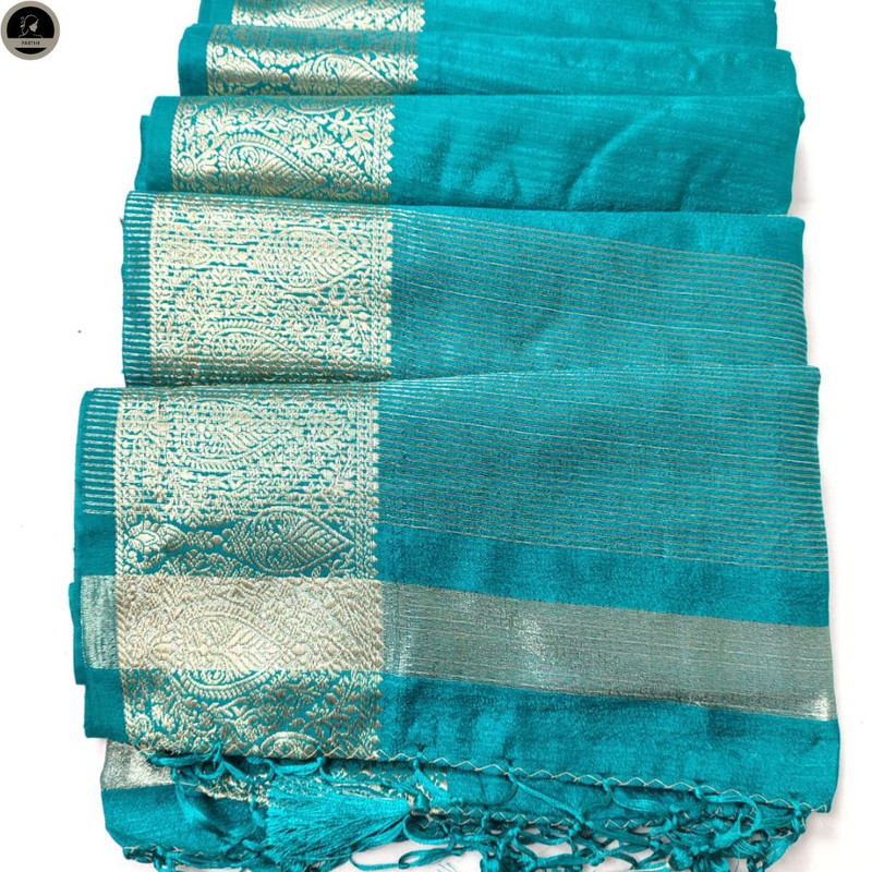 Green Muga Silk Saree, Solid Plain Body with Zari Border, Ready To Wear with Unstitched Blouse-3