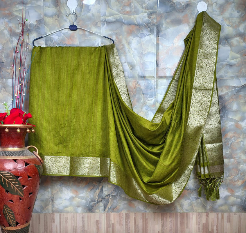 Green Muga Silk Saree, Solid Plain Body with Zari Border, Ready To Wear with Unstitched Blouse -0