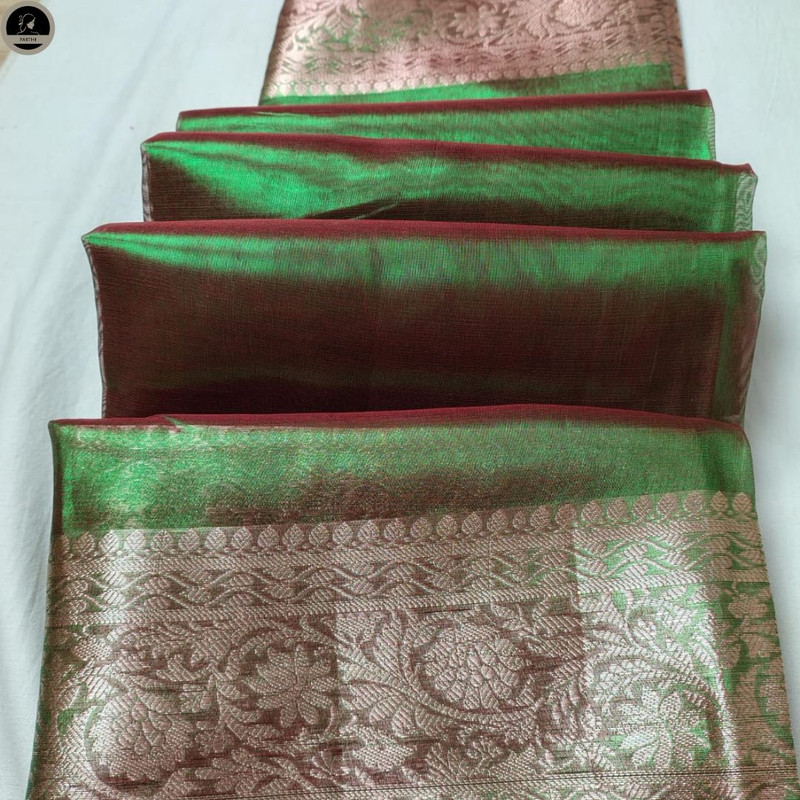 Tissue Silk Saree, Green Colour Body with Golden Zari Border for Ocassional Wear, Unstitched Blouse-2