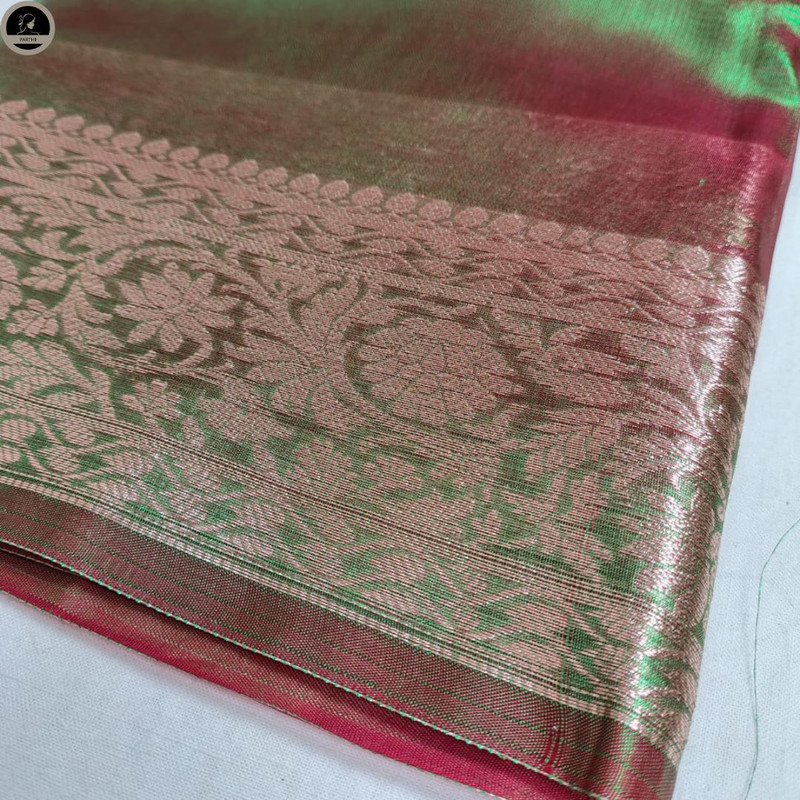 Tissue Silk Saree, Green Colour Body with Golden Zari Border for Ocassional Wear, Unstitched Blouse-3