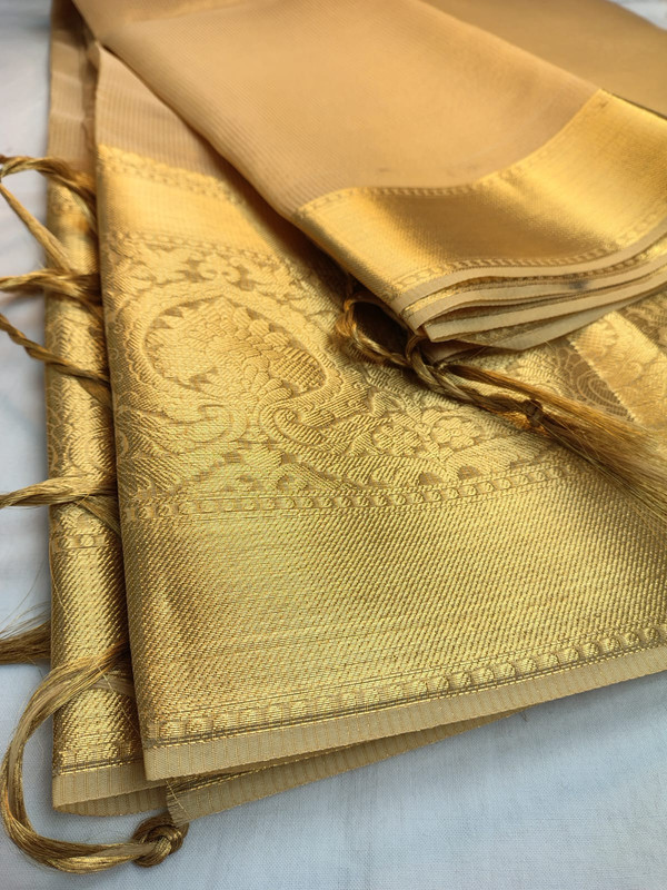 Tissue Silk Saree, Golden Colour Body with Golden Zari Border for Ocassional Wear, Unstitched Blouse-3