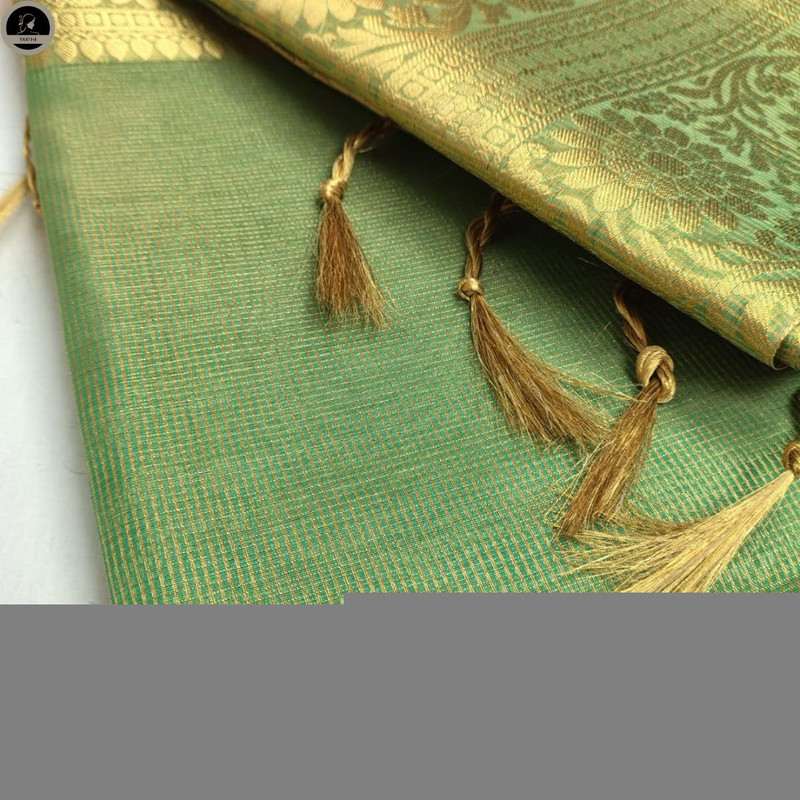 Tissue Silk Saree, Green Colour Body with Red Red Dual Tone, Silver Zari Border for Ocassional Wear, Unstitched Blouse-0