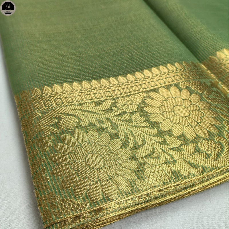 Tissue Silk Saree, Green Colour Body with Red Red Dual Tone, Silver Zari Border for Ocassional Wear, Unstitched Blouse-1