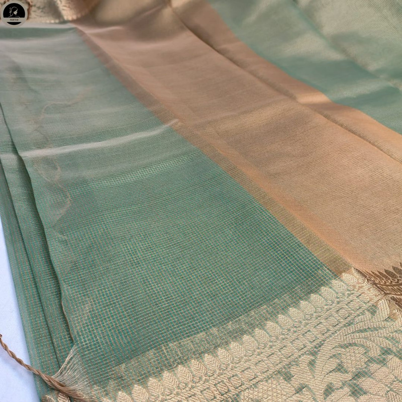 Tissue Silk Saree, Green Colour Body with Red Red Dual Tone, Silver Zari Border for Ocassional Wear, Unstitched Blouse-3