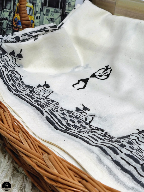 Warli Ready to Wear, Pure Cotton White Saree  with Block Print for Women-0