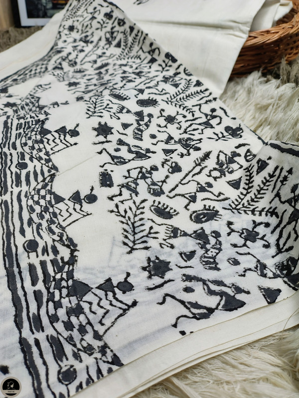 Warli Ready to Wear, Pure Cotton White Saree  with Block Print for Women-1