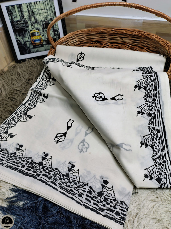 Warli Ready to Wear, Pure Cotton White Saree  with Block Print for Women-2