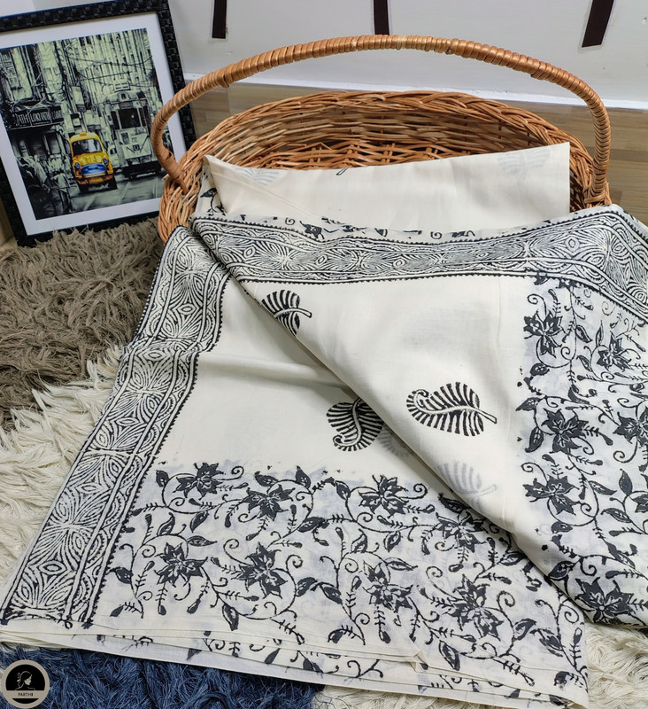 Flower Print, Ready to Wear, Pure Cotton White Saree with Block Print for Women-0