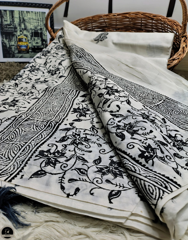 Flower Print, Ready to Wear, Pure Cotton White Saree with Block Print for Women-1