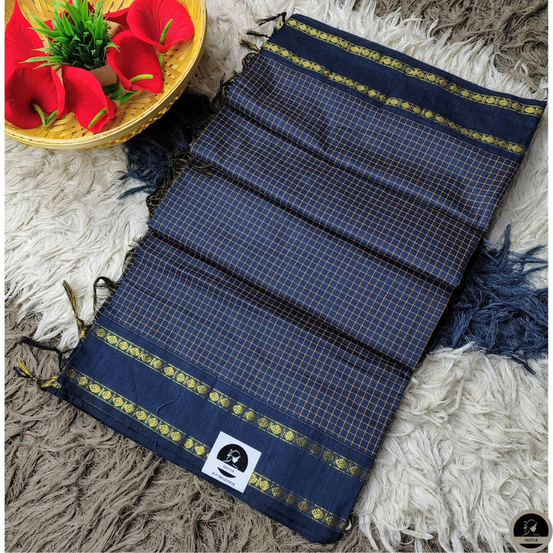 Cotton Blend Blue Gadwal Saree with All-Over Checked Design - Perfect for All Seasons-0