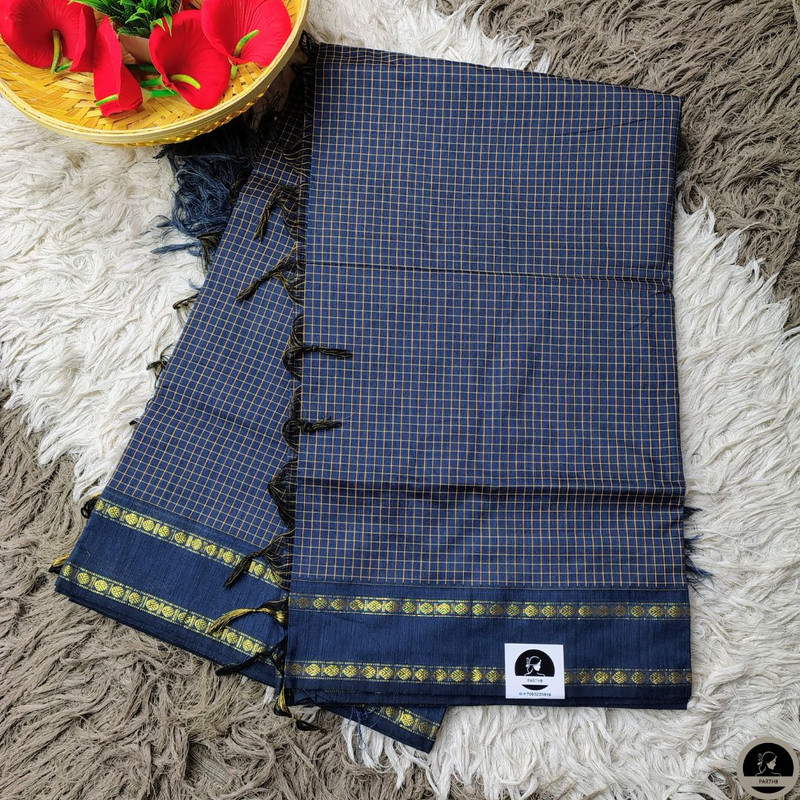 Cotton Blend Blue Gadwal Saree with All-Over Checked Design - Perfect for All Seasons-1