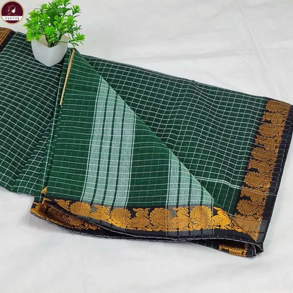 Green Pure South Cotton Check Saree.webp