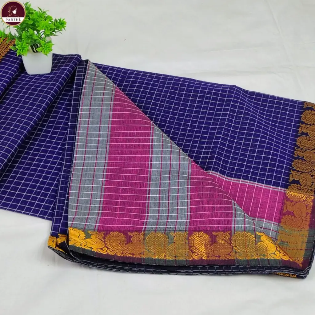 Blue Pure South Cotton Check Saree.webp
