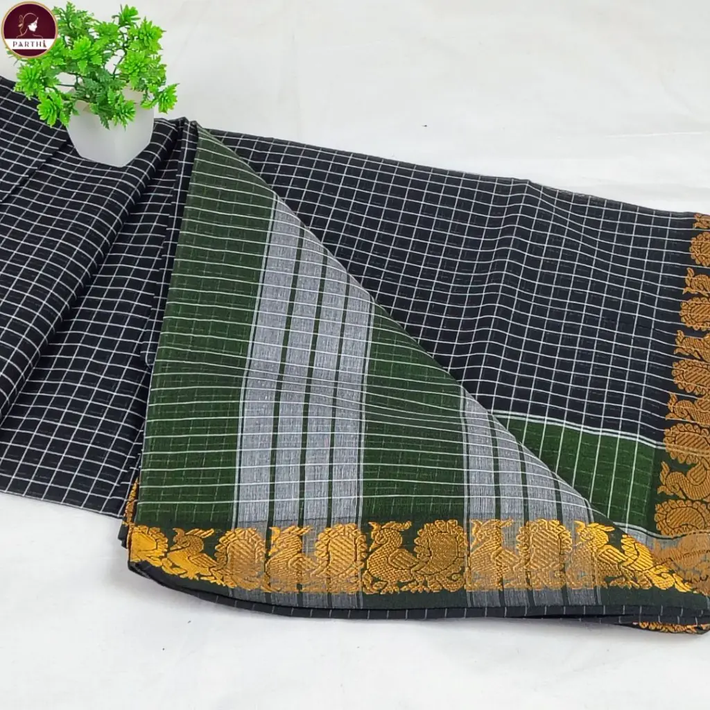 Pure South Cotton Check Saree in Black with Zari Border.webp