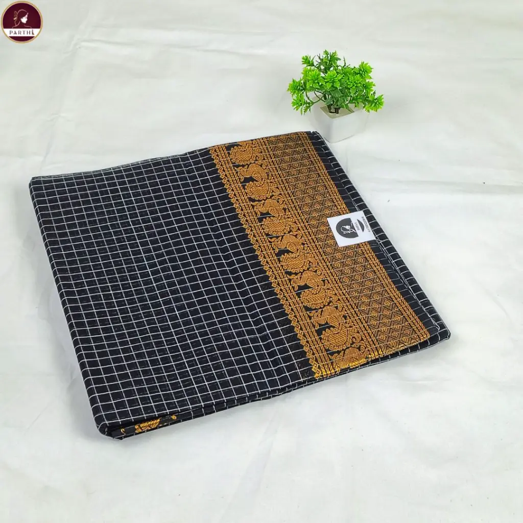 Pure South Cotton Check Saree in Black with Zari Border.webp