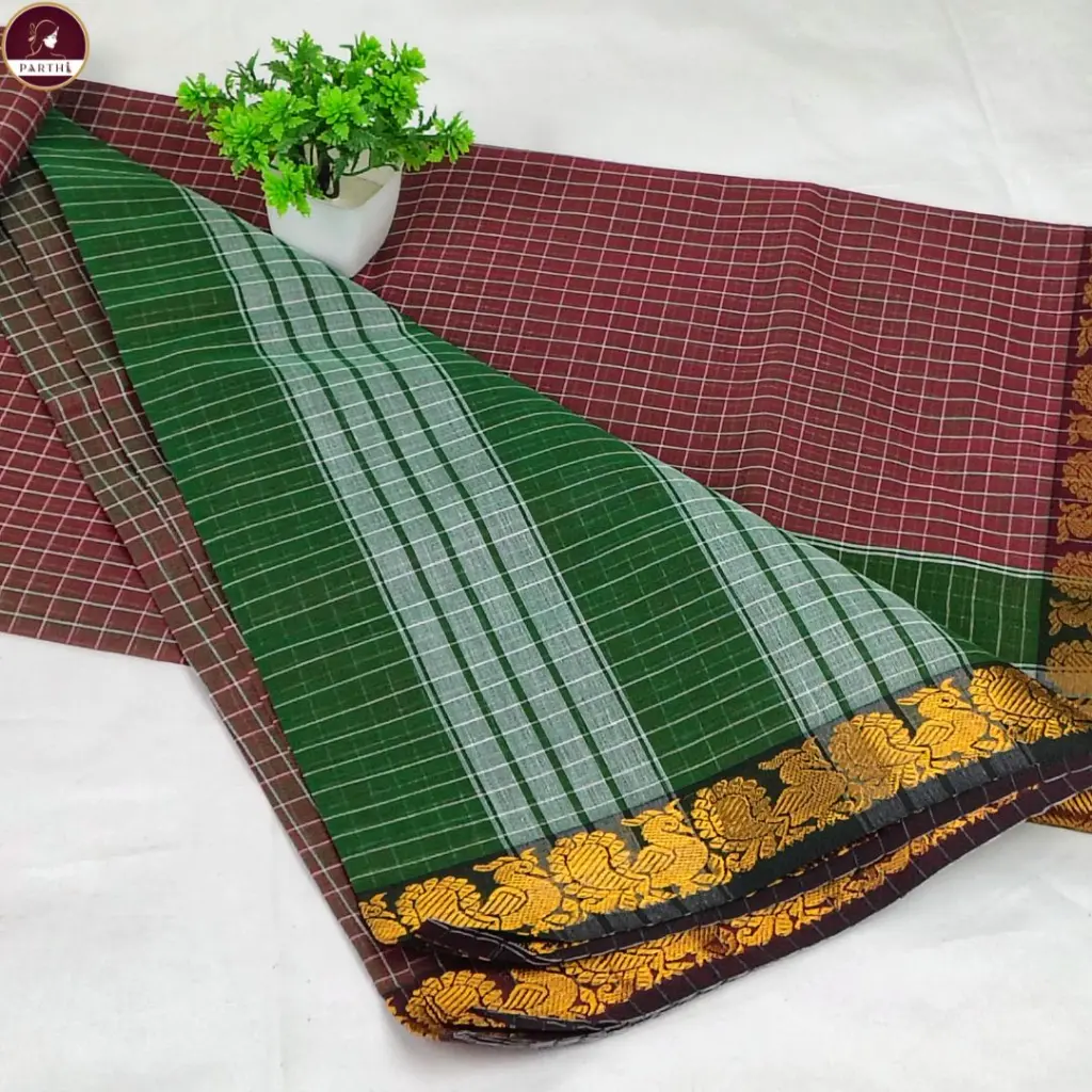 Pure South Cotton Check Saree in Maroon with Zari Border.webp