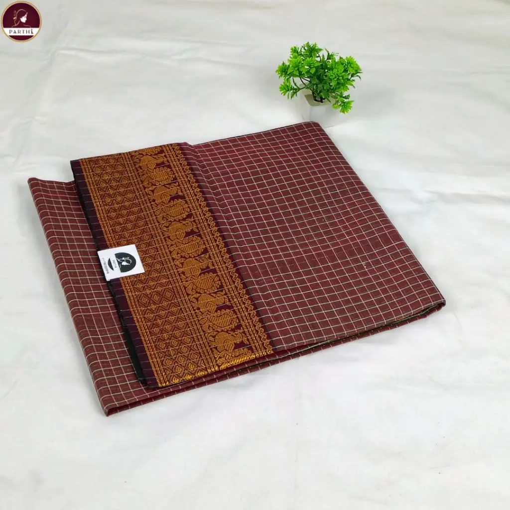 Pure South Cotton Check Saree in Maroon with Zari Border.webp