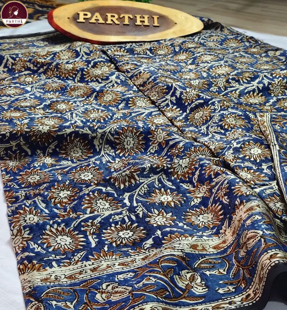 Kalamkari Modal Silk Saree with Blouse Piece – Brown-Blue, Vegetable Dyed 1.webp