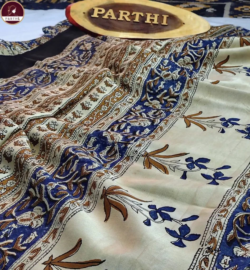 Kalamkari Modal Silk Saree with Blouse Piece – Brown-Blue, Vegetable Dyed 2.webp