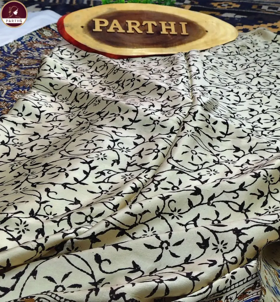 Kalamkari Modal Silk Saree with Blouse Piece – Brown-Blue, Vegetable Dyed 3.webp