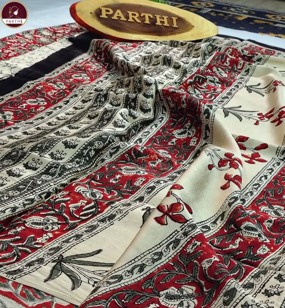 Kalamkari Modal Silk Saree with Blouse Piece – Red-Green, Vegetable Dyed 4.webp