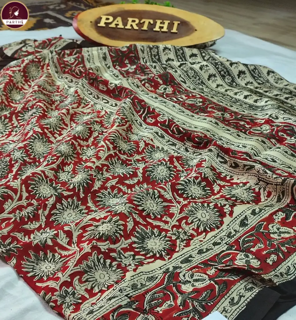 Kalamkari Modal Silk Saree with Blouse Piece – Red-Green, Vegetable Dyed 2.webp