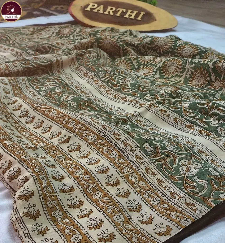 Kalamkari Modal Silk Saree with Blouse Piece –Green-Brown, Vegetable Dyed 1.webp