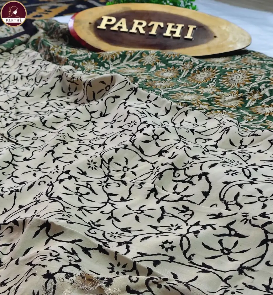 Kalamkari Modal Silk Saree with Blouse Piece –Green-Brown, Vegetable Dyed 3.webp