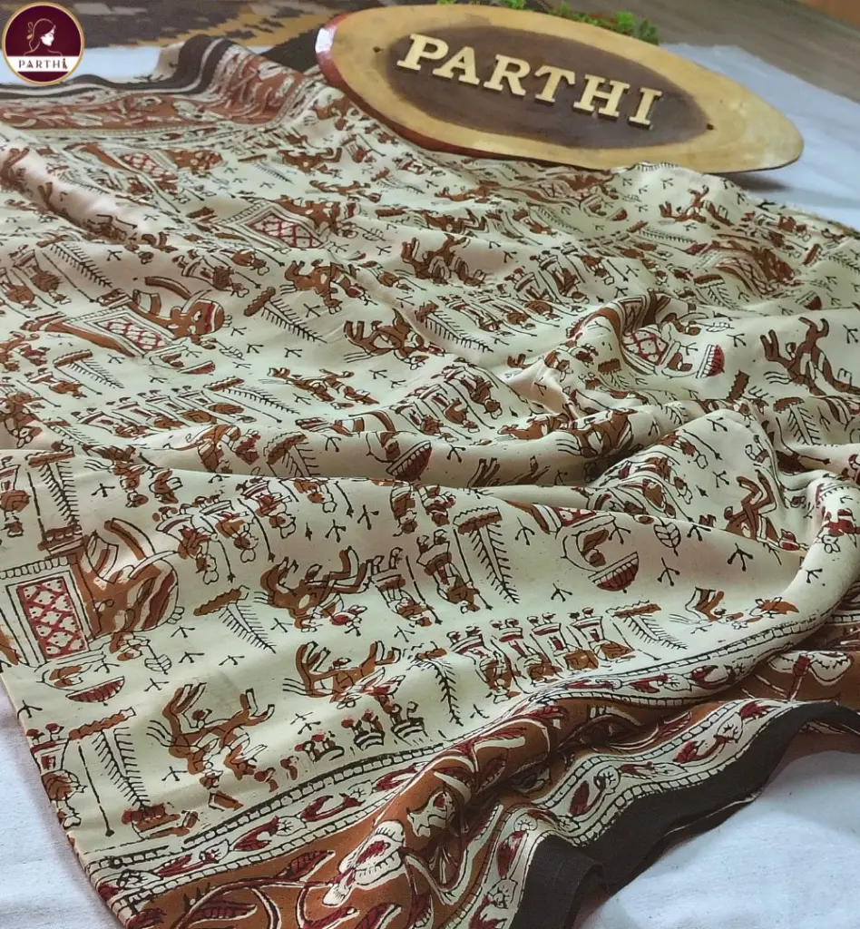Kalamkari Modal Silk Saree with Blouse Piece –Cream-Brown, Vegetable Dyed 2.webp
