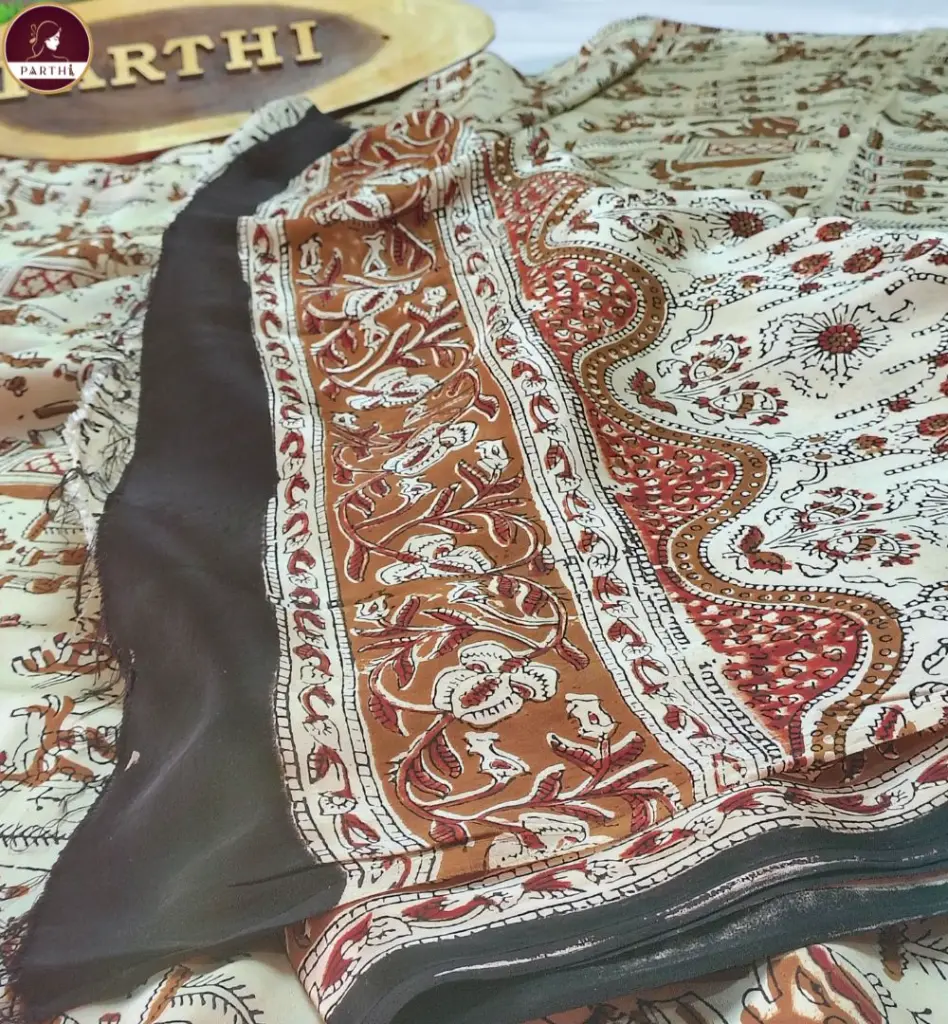 Kalamkari Modal Silk Saree with Blouse Piece –Cream-Brown, Vegetable Dyed.webp