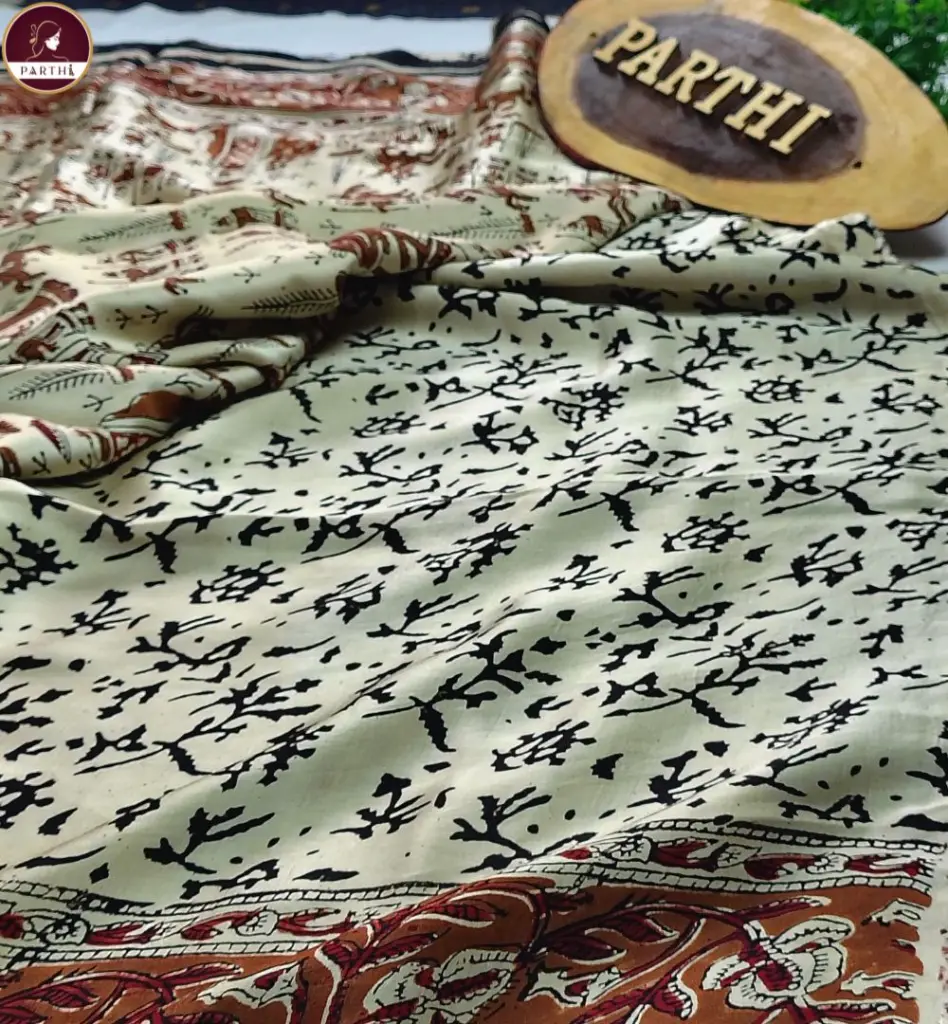 Kalamkari Modal Silk Saree with Blouse Piece –Cream-Brown, Vegetable Dyed 1.webp