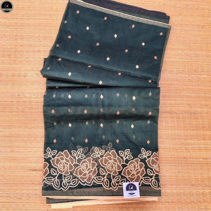 Green Saree with Embroidery Work,  Unstitched Blouse Piece, Perfect For Summer, Daily Wear Saree